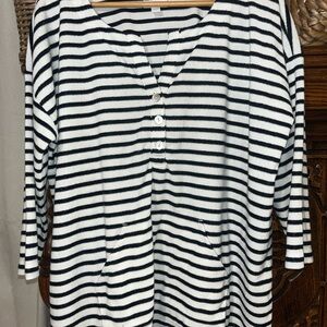 J. Jill Black and White Striped Button Down terry cloth pullover
